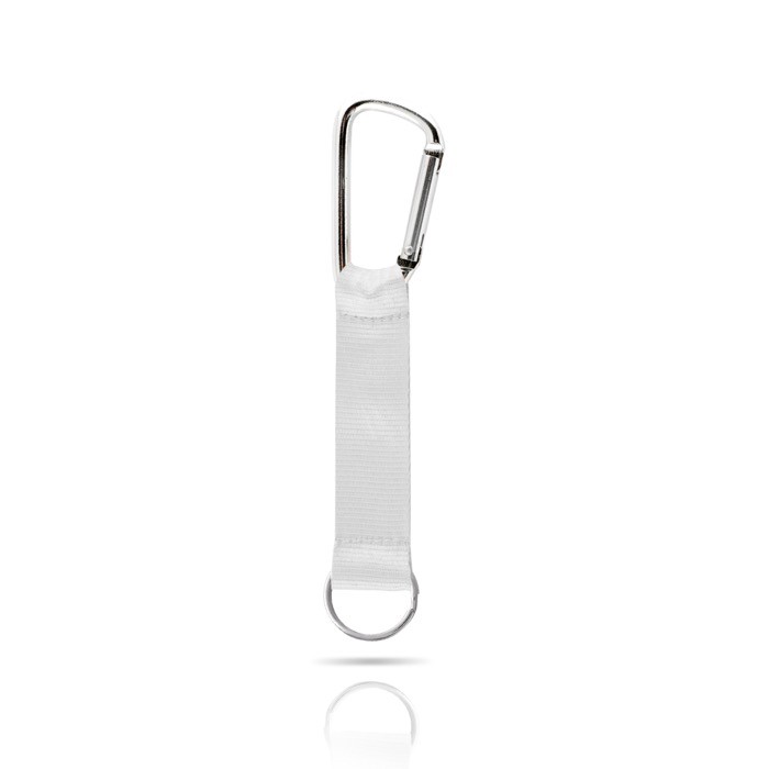 Llavero con cinta ancha de colores y mosquetón de metal color blanco vista 1 Llavero con cinta ancha de colores y mosquetón de metal color blanco vista 1