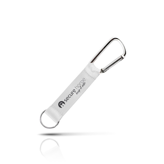 Llavero con cinta ancha de colores y mosquetón de metal color blanco vista con logo impreso Llavero con cinta ancha de colores y mosquetón de metal color blanco vista con logo impreso