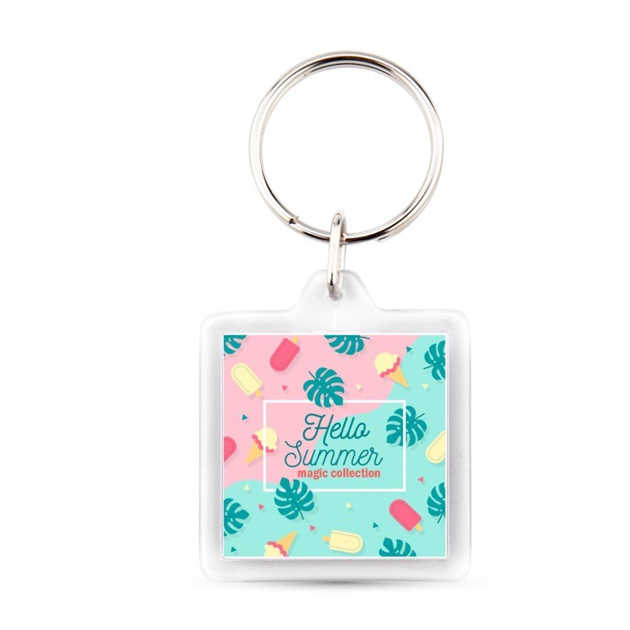 Llavero cuadrado con papel insertado interior y tapa acrílica vista con logo impreso