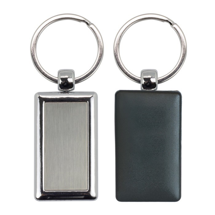 Llavero rectangular con lado de plástico de color y aro de metal color blanco