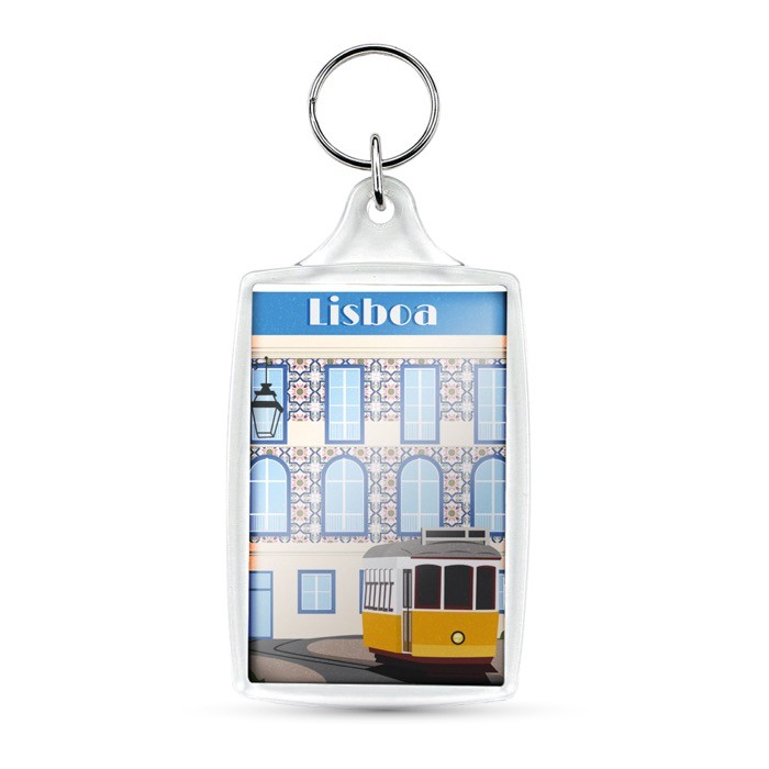 Llavero rectangular con tapa acrílica y papel insertado vista con logo impreso