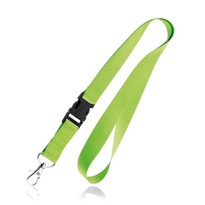 Lanyard de poliéster de 2cm con tip top y mosquetón metálico color verde claro Lanyard de poliéster de 2cm con tip top y mosquetón metálico color verde claro