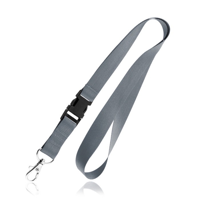 Lanyard de poliéster de 2cm con tip top y mosquetón metálico color gris oscuro Lanyard de poliéster de 2cm con tip top y mosquetón metálico color gris oscuro