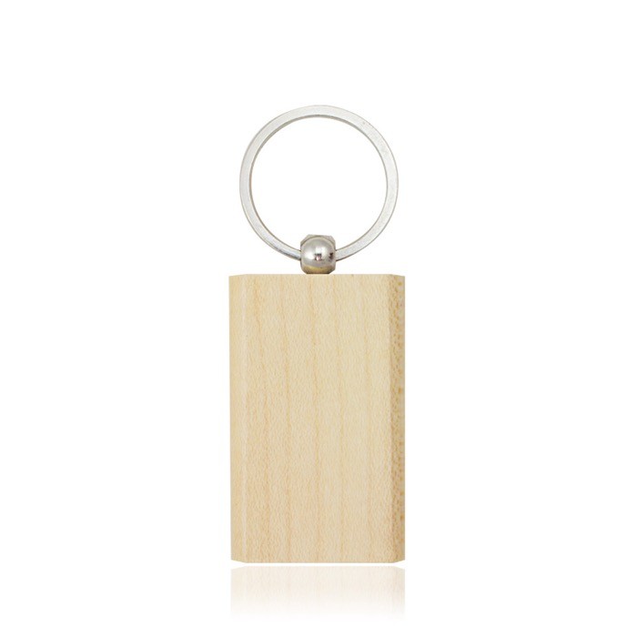 Llavero de madera con forma rectangular y anillo metálico color marrón claro