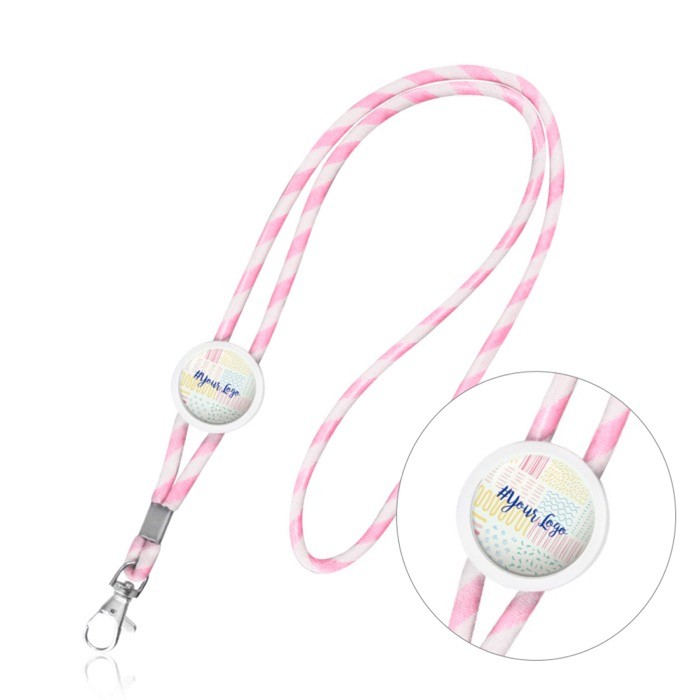 Lanyard tubular de políester con diseño de rayas de colores color rosa claro Lanyard tubular de políester con diseño de rayas de colores color rosa claro