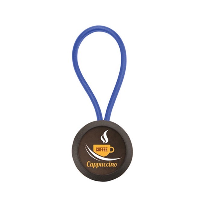 Llavero de forma ovalada con cuerda y papel insertado a una cara color azul real vista con logo impreso Llavero de forma ovalada con cuerda y papel insertado a una cara color azul real vista con logo impreso