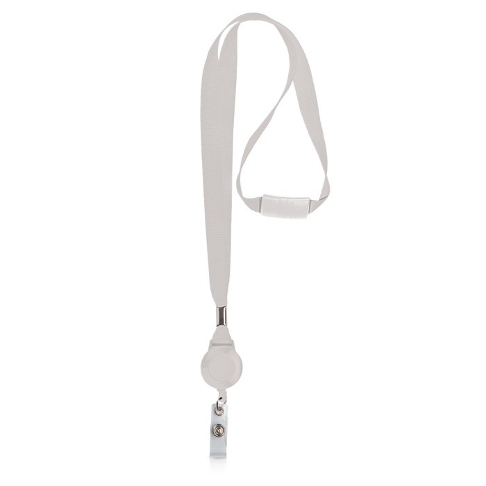 Lanyard de poliéster con porta credencial extensible y bloqueador color blanco