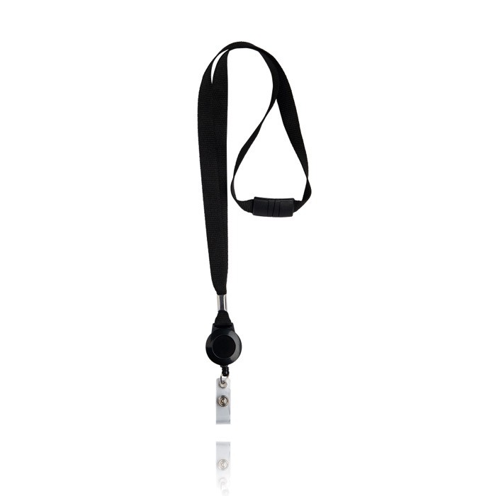 Lanyard de poliéster con porta credencial extensible y bloqueador color negro vista 1