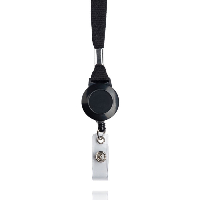 Lanyard de poliéster con porta credencial extensible y bloqueador color negro vista detalle 4
