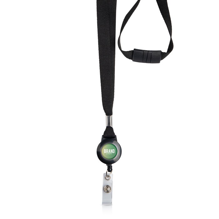 Lanyard de poliéster con porta credencial extensible y bloqueador color negro vista con logo impreso