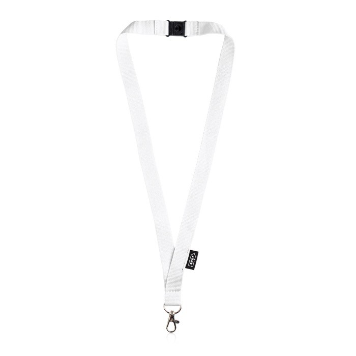 Lanyard de RPET con cierre de seguridad y mosquetón metálico 3cm color blanco Lanyard de RPET con cierre de seguridad y mosquetón metálico 3cm color blanco
