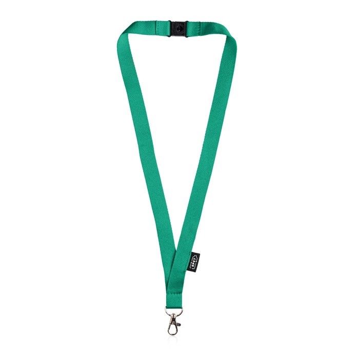 Lanyard de RPET con cierre de seguridad y mosquetón metálico 3cm color verde Lanyard de RPET con cierre de seguridad y mosquetón metálico 3cm color verde