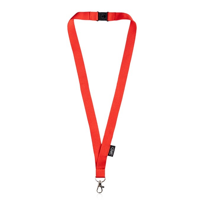 Lanyard de RPET con cierre de seguridad y mosquetón metálico 3cm color rojo Lanyard de RPET con cierre de seguridad y mosquetón metálico 3cm color rojo