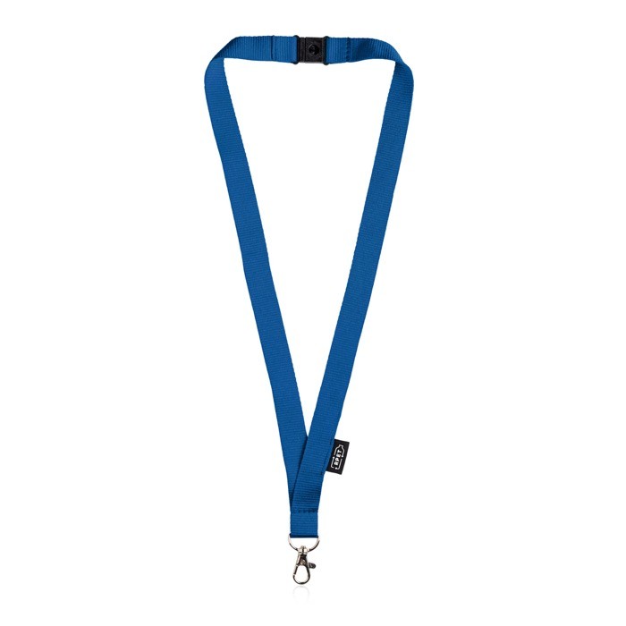 Lanyard de RPET con cierre de seguridad y mosquetón metálico 3cm color azul marino Lanyard de RPET con cierre de seguridad y mosquetón metálico 3cm color azul marino