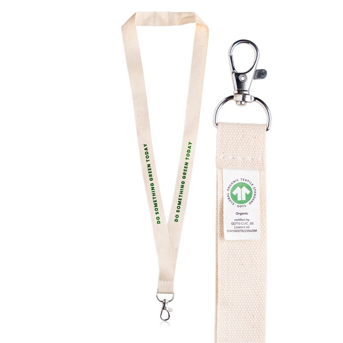 Lanyard clásico en color natural de algodón orgánico 2cm vista con logo impreso