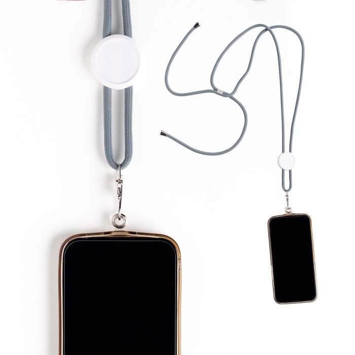 Cordón para llevar el móvil de RPET con pieza regulable color gris claro vista 1