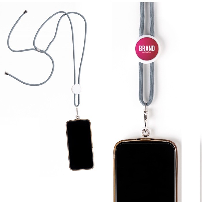Cordón para llevar el móvil de RPET con pieza regulable vista con logo impreso