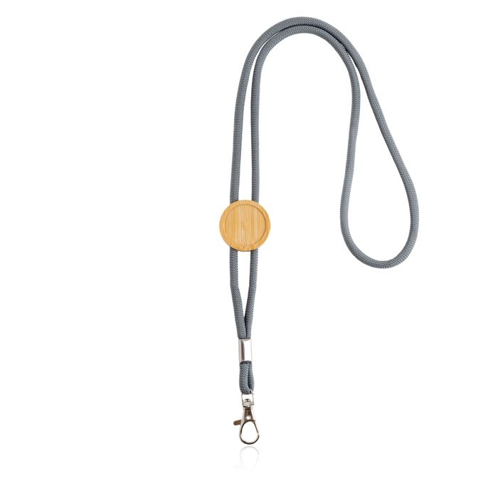 Lanyard ecológico con diseño tubular y ajuste hecho de bambú color gris claro Lanyard ecológico con diseño tubular y ajuste hecho de bambú color gris claro
