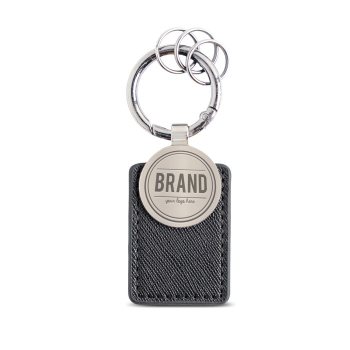 Llavero con 3 minianillas de fácil apertura con parche incorporado vista con logo impreso Llavero con 3 minianillas de fácil apertura con parche incorporado vista con logo impreso