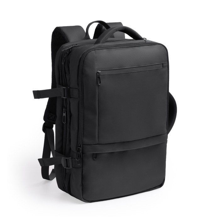 Mochila de viaje piel PU extensible con bolsillo para portátil 17” color negro primera vista de uso