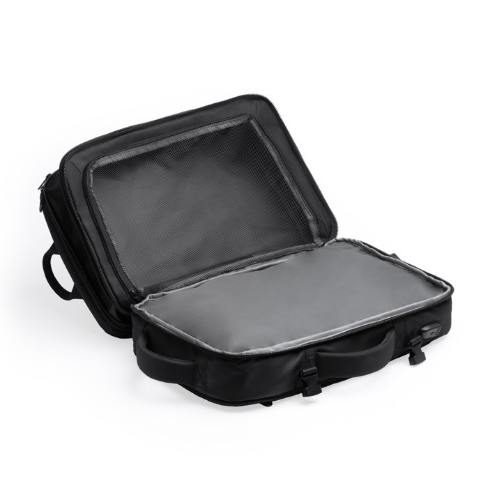 Mochila de viaje piel PU extensible con bolsillo para portátil 17” color negro vista detalle 2