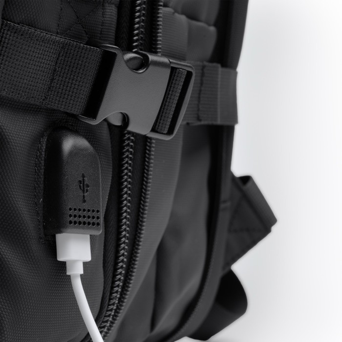 Mochila de viaje piel PU extensible con bolsillo para portátil 17” color negro vista detalle 5