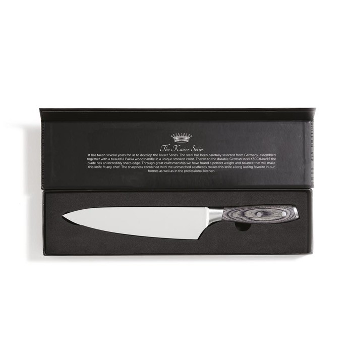 Cuchillo de chef de acero alemán de fácil agarre color plateado vista con caja