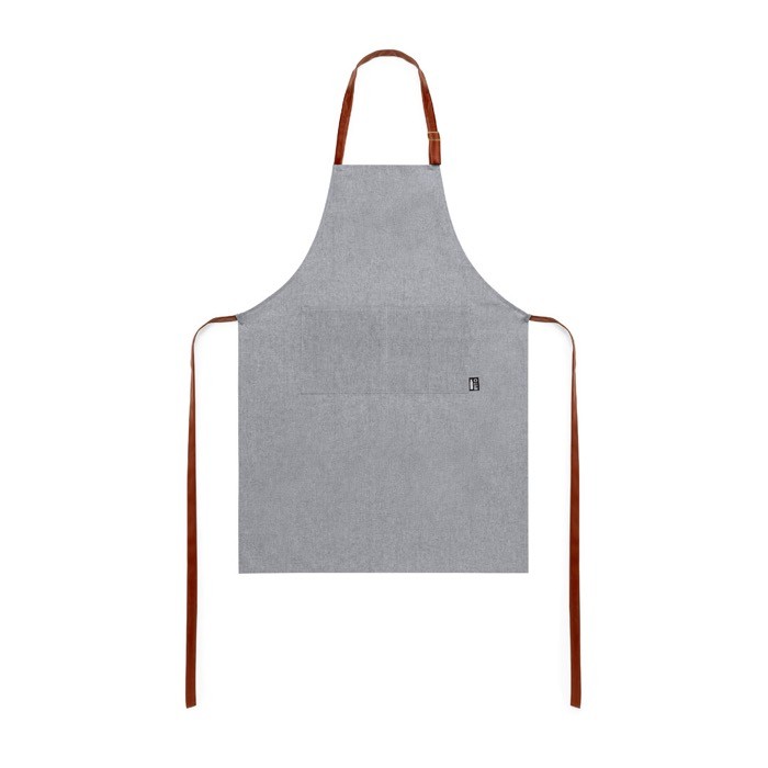 Delantal de RPET con bolsillo frontal y cintas ajustables de polipiel color gris primera vista