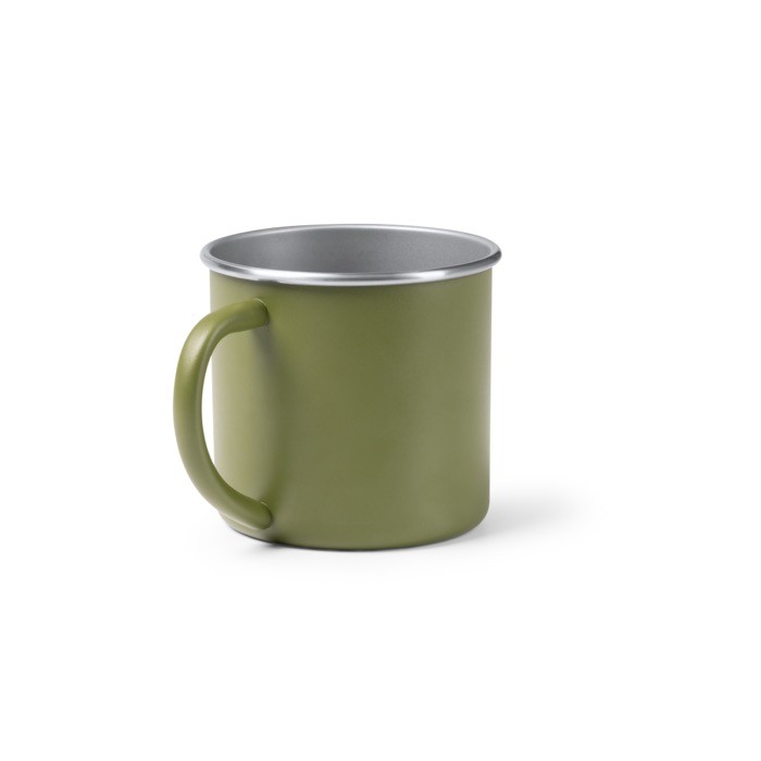 Taza de acero inoxidable reciclado con borde e interor plateado 350ml color blanco primera vista de uso