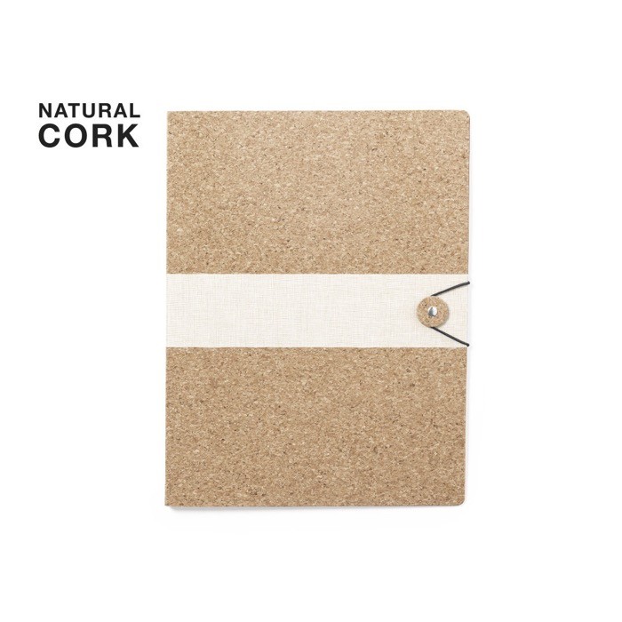 Carpeta con exterior de corcho para personalizar y cierre elástico color natural