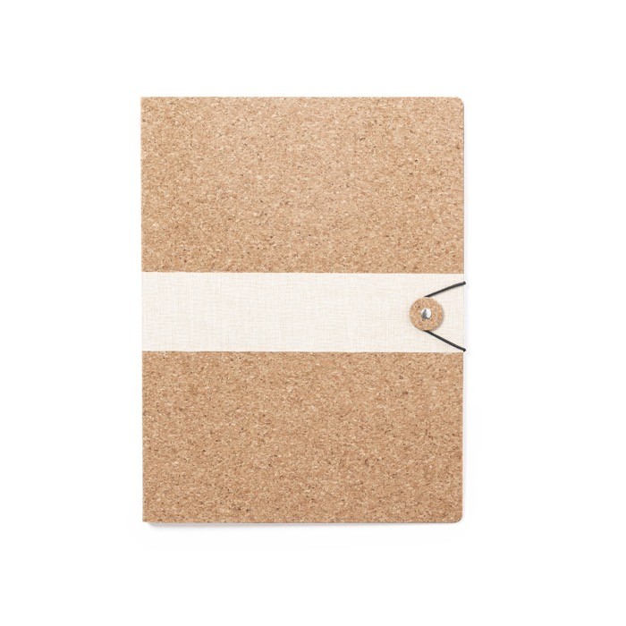 Carpeta con exterior de corcho para personalizar y cierre elástico color natural primera vista