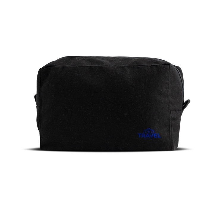 Neceser hecho en lona de canvas ideal para organizar los artículos color negro vista con logo impreso Neceser hecho en lona de canvas ideal para organizar los artículos color negro vista con logo impreso