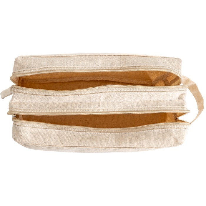 Neceser de lona en canvas con doble compartimento y asa incluida color beige vista 2 Neceser de lona en canvas con doble compartimento y asa incluida color beige vista 2