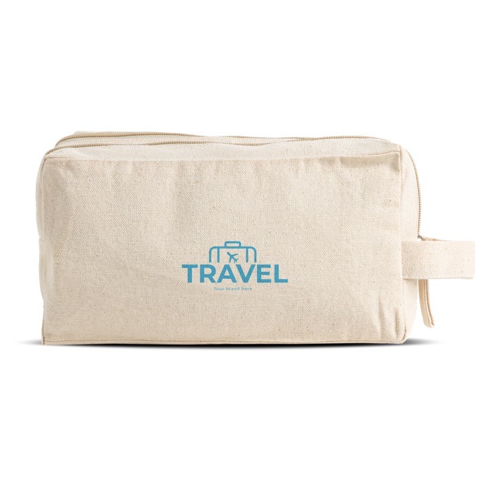 Neceser de lona en canvas con doble compartimento y asa incluida color beige vista con logo impreso Neceser de lona en canvas con doble compartimento y asa incluida color beige vista con logo impreso