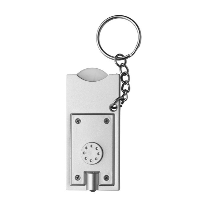 Llavero con linterna LED y moneda para coche de la compra color plateado primera vista Llavero con linterna LED y moneda para coche de la compra color plateado primera vista