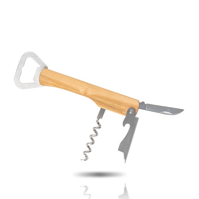 Sacacorchos acero inoxidable y bambú con navaja y abrecápsulas color marrón claro vista 1