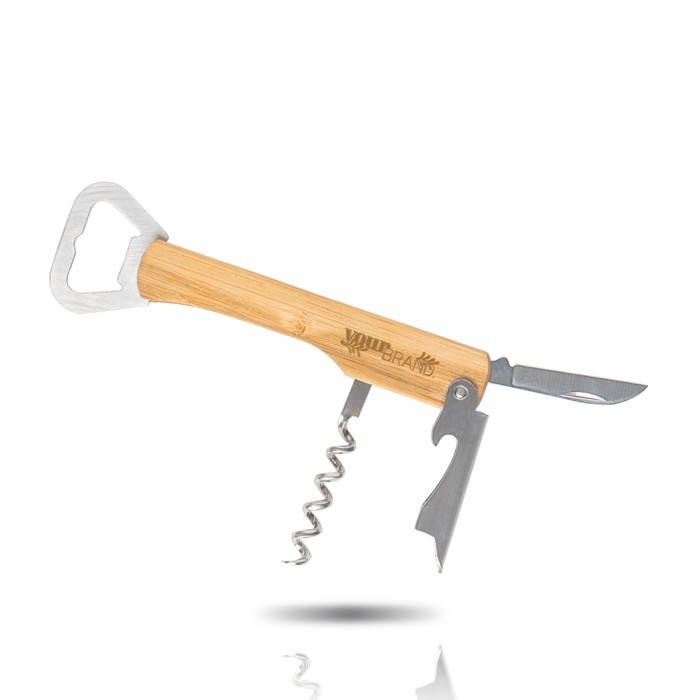 Sacacorchos acero inoxidable y bambú con navaja y abrecápsulas color marrón claro vista con logo impreso