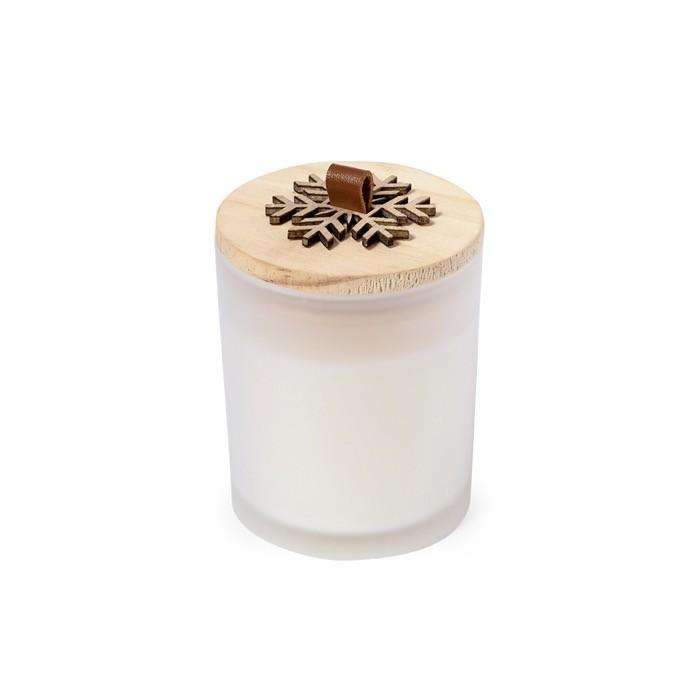 Vela aromática navideña con detalle de copo de nieve en la tapa color blanco vista con logo Vela aromática navideña con detalle de copo de nieve en la tapa color blanco vista con logo