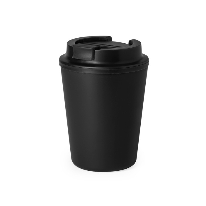 Vaso takeaway de plástico reciclado de doble pared de 300ml color negro vista con logo