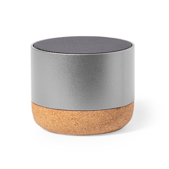 Altavoz de aluminio reciclado con base de corcho y potencia 3W color plateado vista con logo