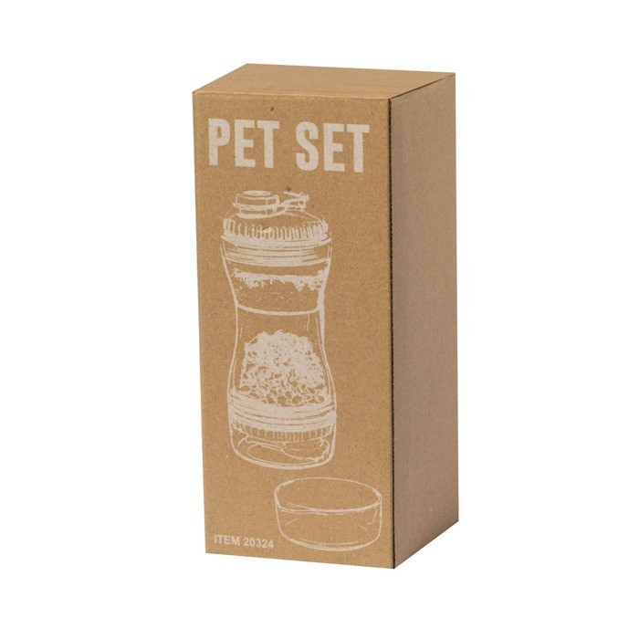 Set para mascotas de 2 compartimientos con dosificadores vista con caja