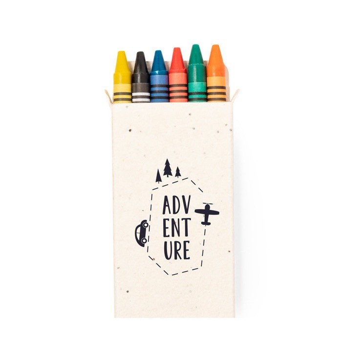 6 ceras de colores en caja de cartón con semillas de petunia color natural tercera vista 6 ceras de colores en caja de cartón con semillas de petunia color natural tercera vista