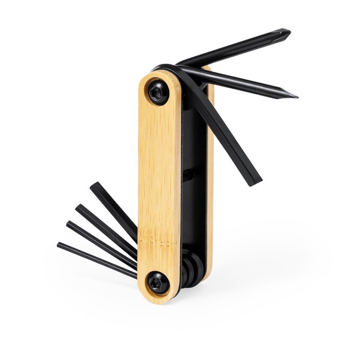 Multiherramienta de acero al carbono negro con carcasa de bambú color madera tercera vista Multiherramienta de acero al carbono negro con carcasa de bambú color madera tercera vista