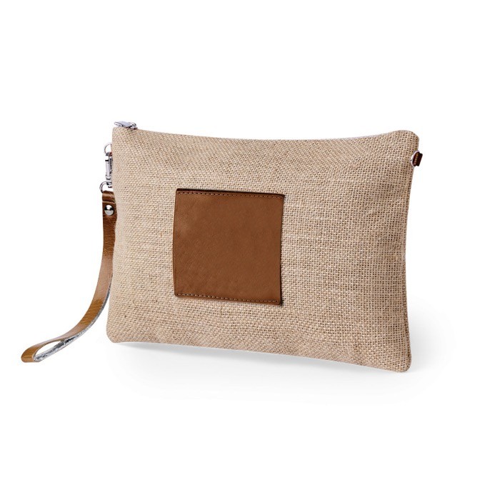 Neceser de yute con marco central en polipiel y muñequera color natural segunda vista Neceser de yute con marco central en polipiel y muñequera color natural segunda vista