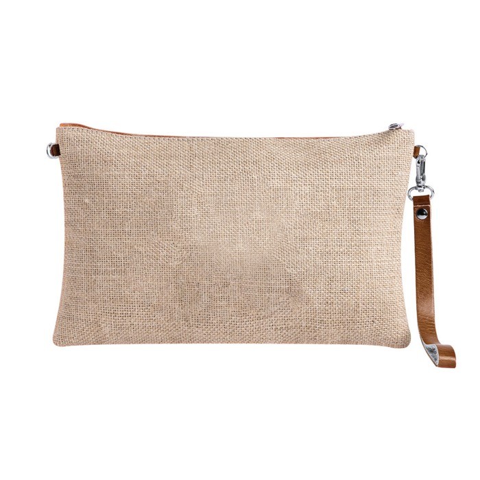 Neceser de yute con marco central en polipiel y muñequera color natural tercera vista Neceser de yute con marco central en polipiel y muñequera color natural tercera vista