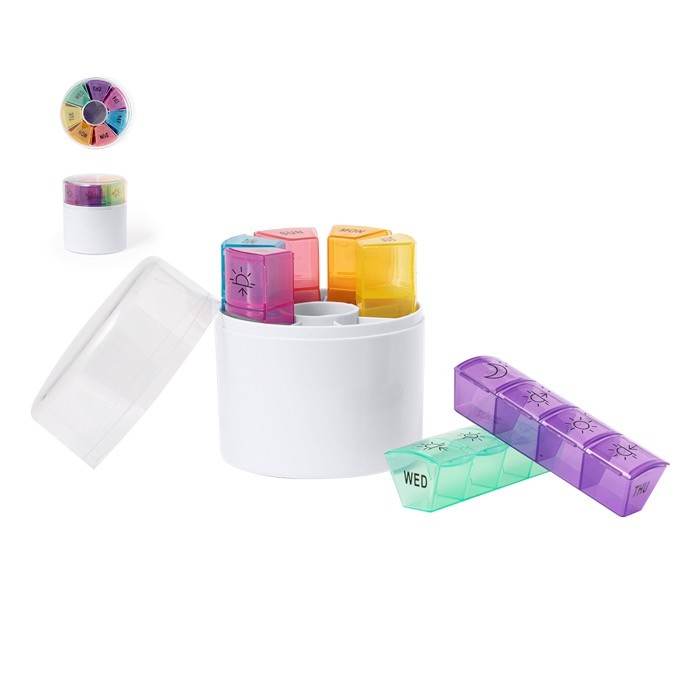 Pastillero cilíndrico de 7 compartimientos con 4 divisiones color blanco Pastillero cilíndrico de 7 compartimientos con 4 divisiones color blanco