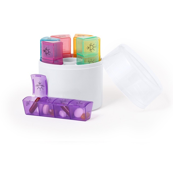 Pastillero cilíndrico de 7 compartimientos con 4 divisiones color blanco segunda vista Pastillero cilíndrico de 7 compartimientos con 4 divisiones color blanco segunda vista