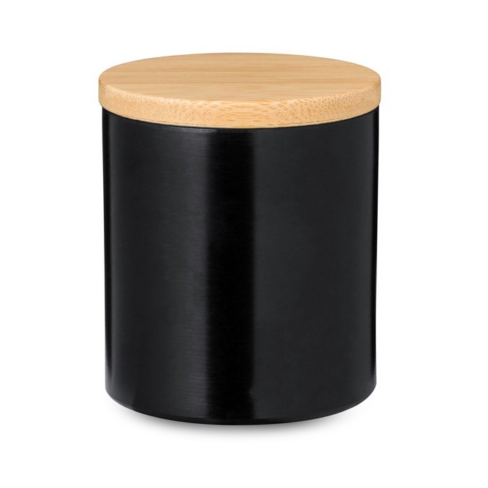 Vela con aroma a vanilla en tarro de metal con tapadera de bambú color negro primera vista