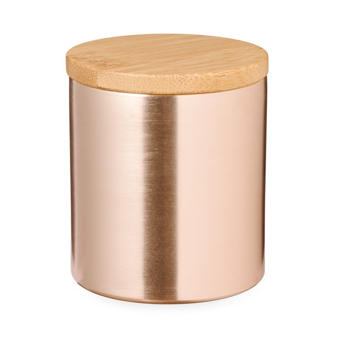 Vela con aroma a vanilla en tarro de metal con tapadera de bambú color rosa primera vista