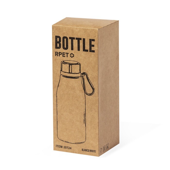 Botella de RPET de varios colores con mosquetón a juego 370ml vista con caja Botella de RPET de varios colores con mosquetón a juego 370ml vista con caja